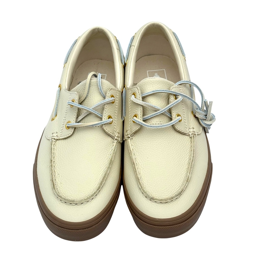 Vans Boat Shoes Cream Pebbled Leather Gum Sole Moc Toe Sneakers Low Top Mens